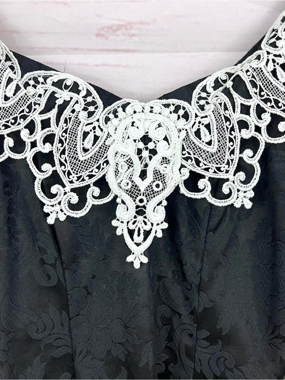 Jessica McClintock Black One-Shoulder Dress with White Lace Appliqué - Picture 2 of 10